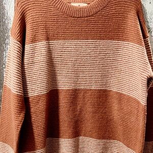 Striped Crew Neck Sweater - Burnt Orange and Cream